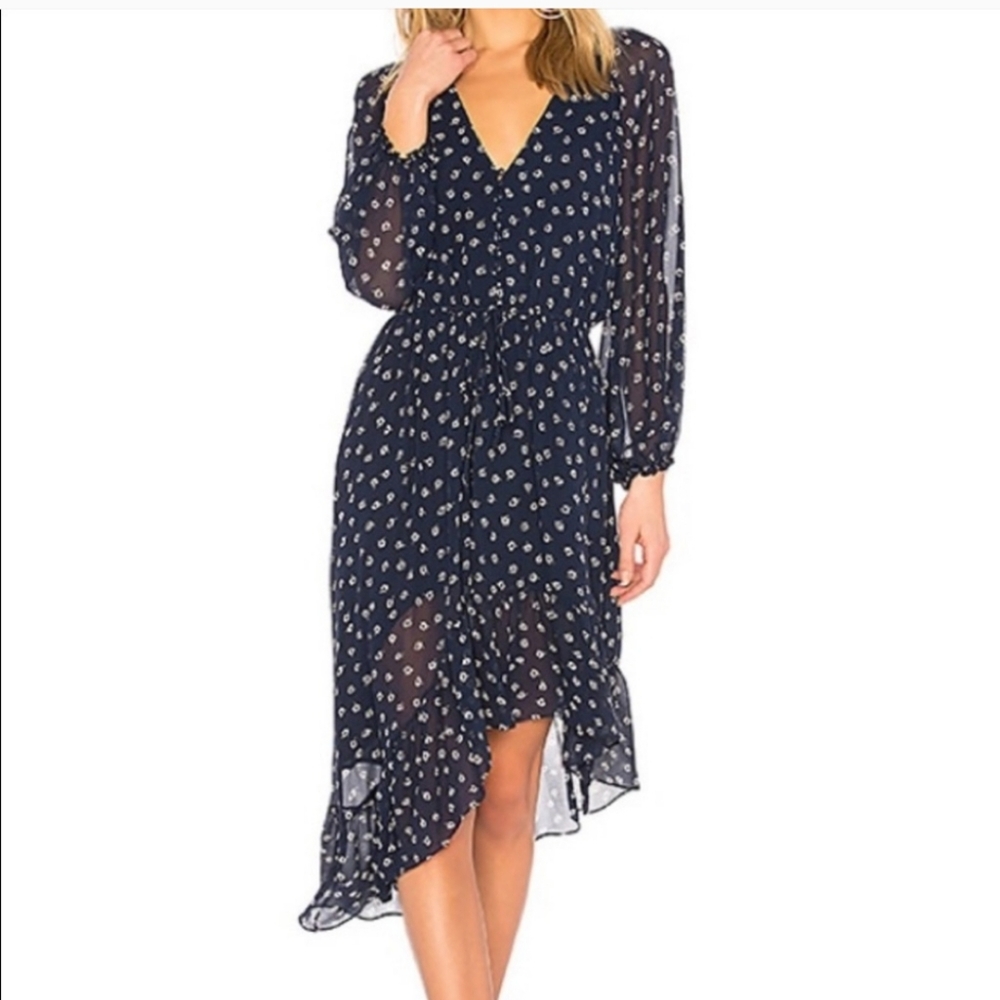 Joie Navy Blue Sheer Polka Dot Wrap Midi Dress